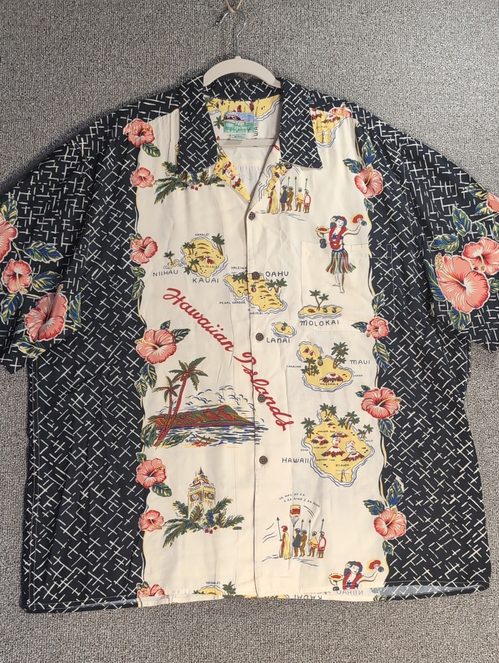 Vintage Reyn Spooner Hawaiian Islands Map Print Rayon Button Down Shirt Mens XXL